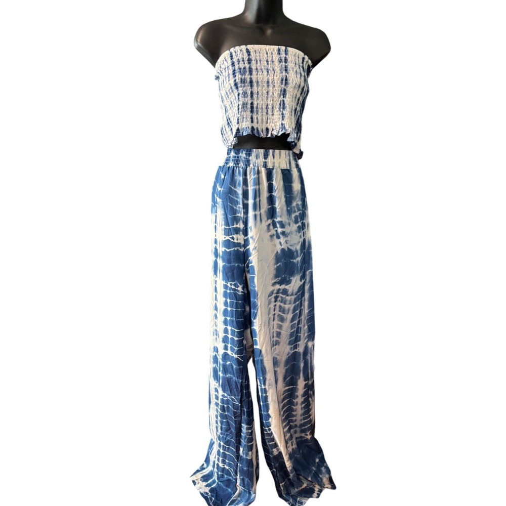 Blue Tie Dye 2 Piece Set Smocked Tube Top Wide Leg Palazzo Pants Boho 5XL NWOT